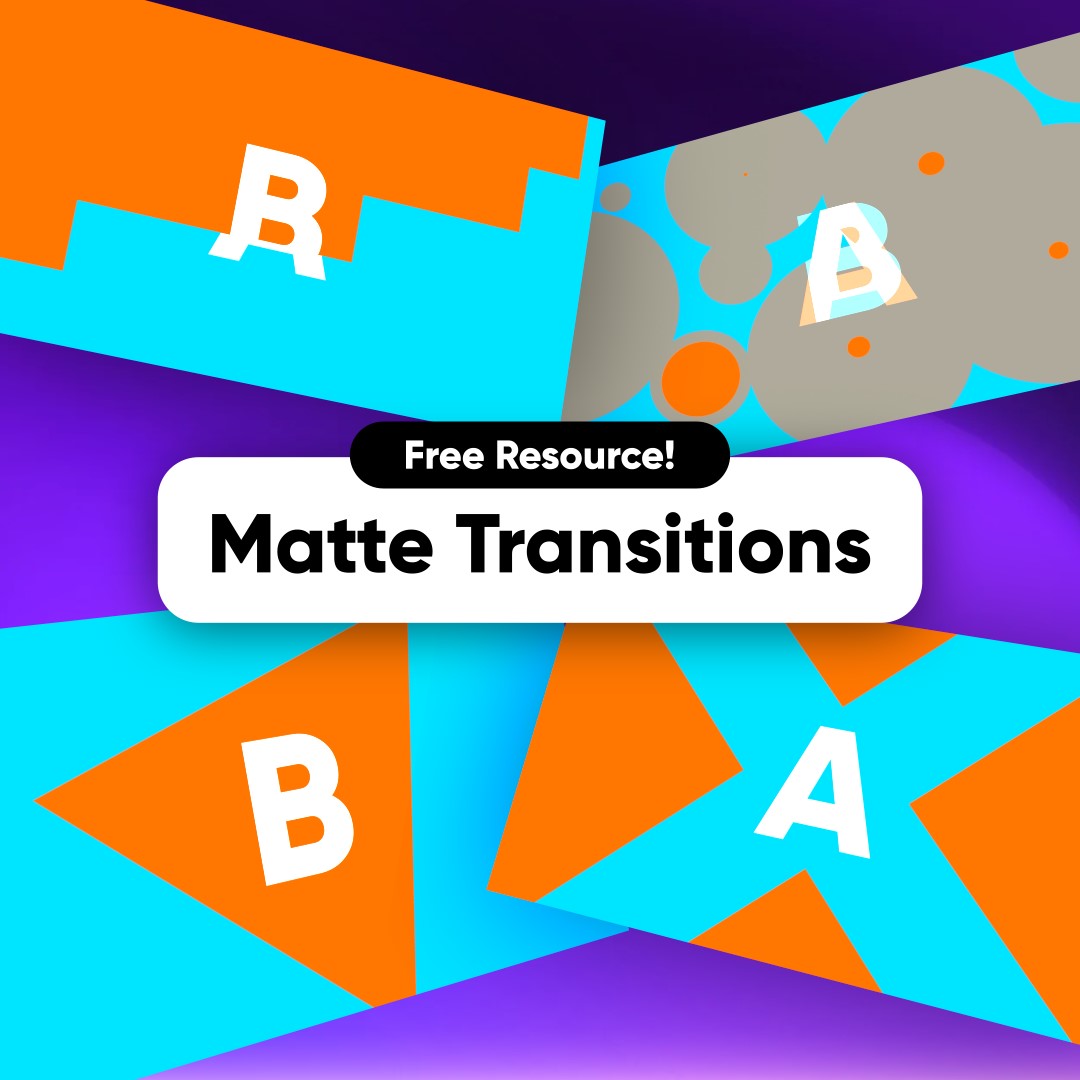Free Matte Transitions Pack. Colorful overlays with bold letters "R" and "B". Geometric design.
