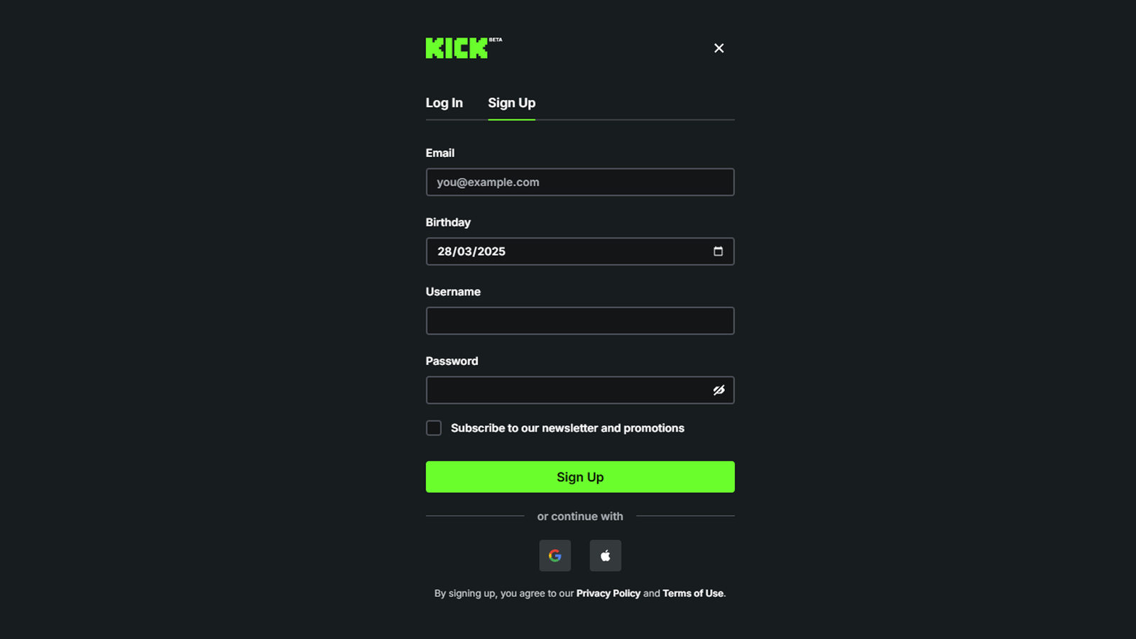 Sign Up To Kick