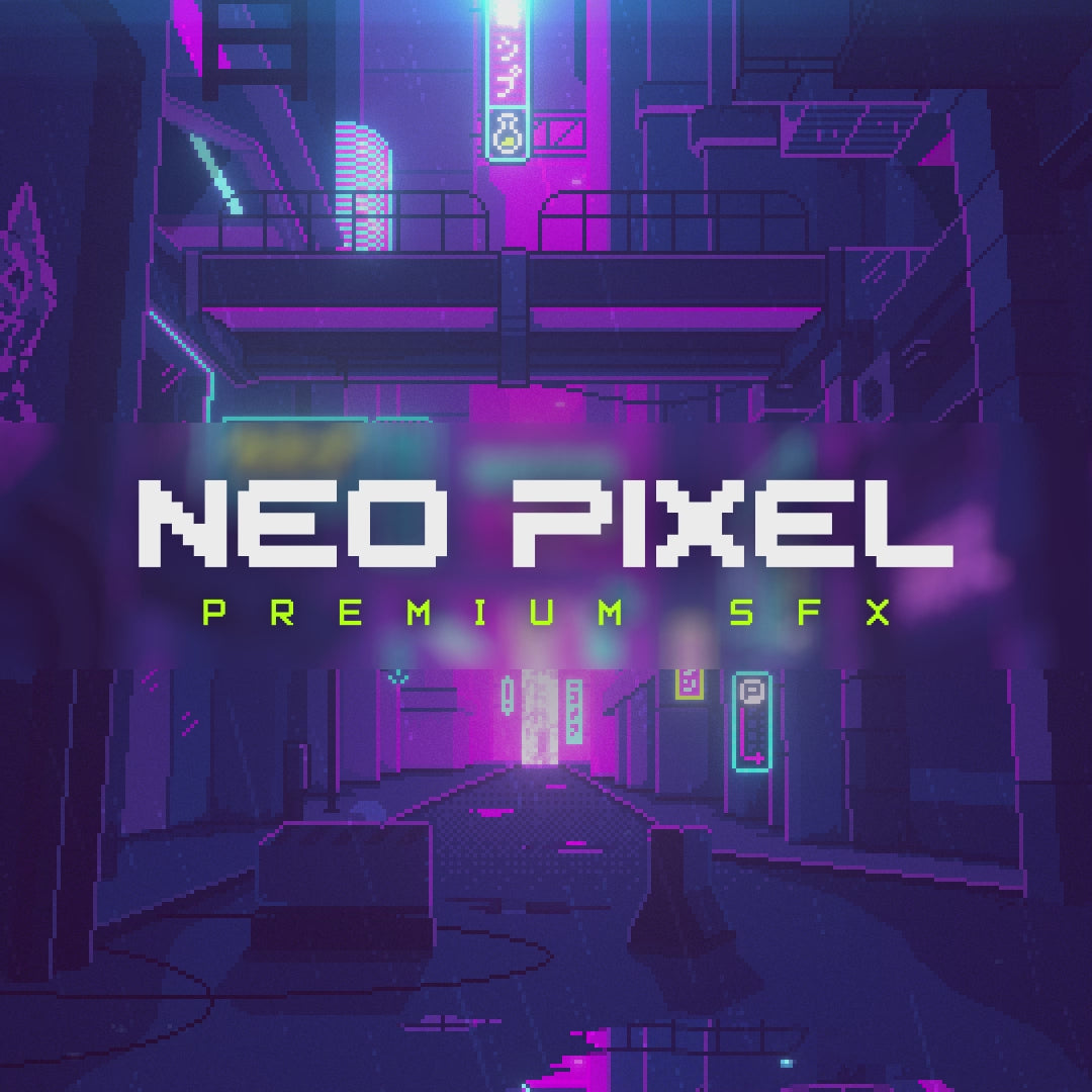 Neo Pixel Animated Stream Overlays Package. Vibrant pixel art with neon colors and bold text.