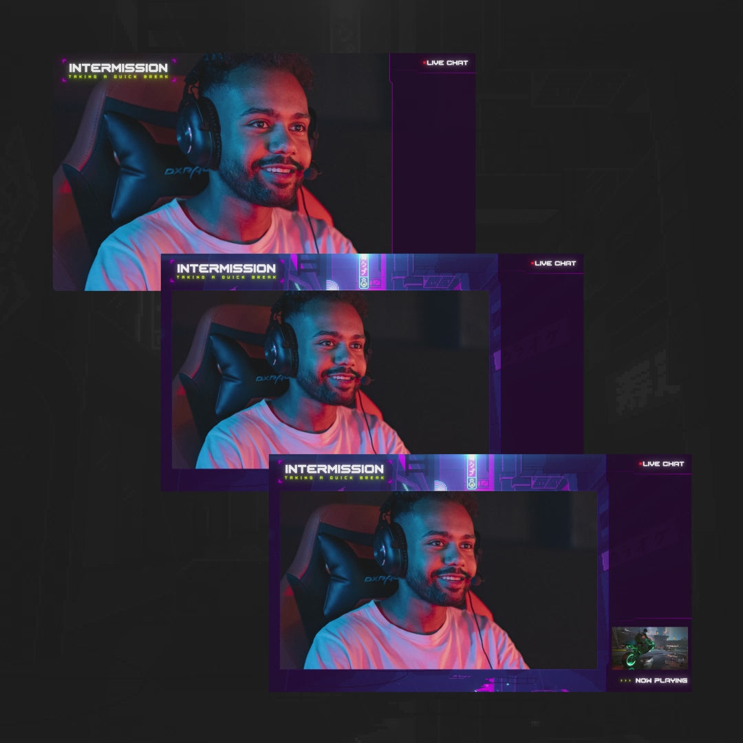 Neo Pixel Animated Stream Overlays. Dark background with vibrant purple and blue designs.