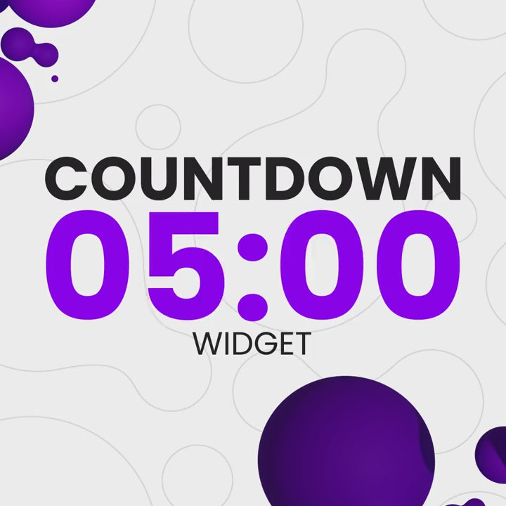 OBS Countdown Timer Widget. Purple text on a white background. 05:00 countdown display.