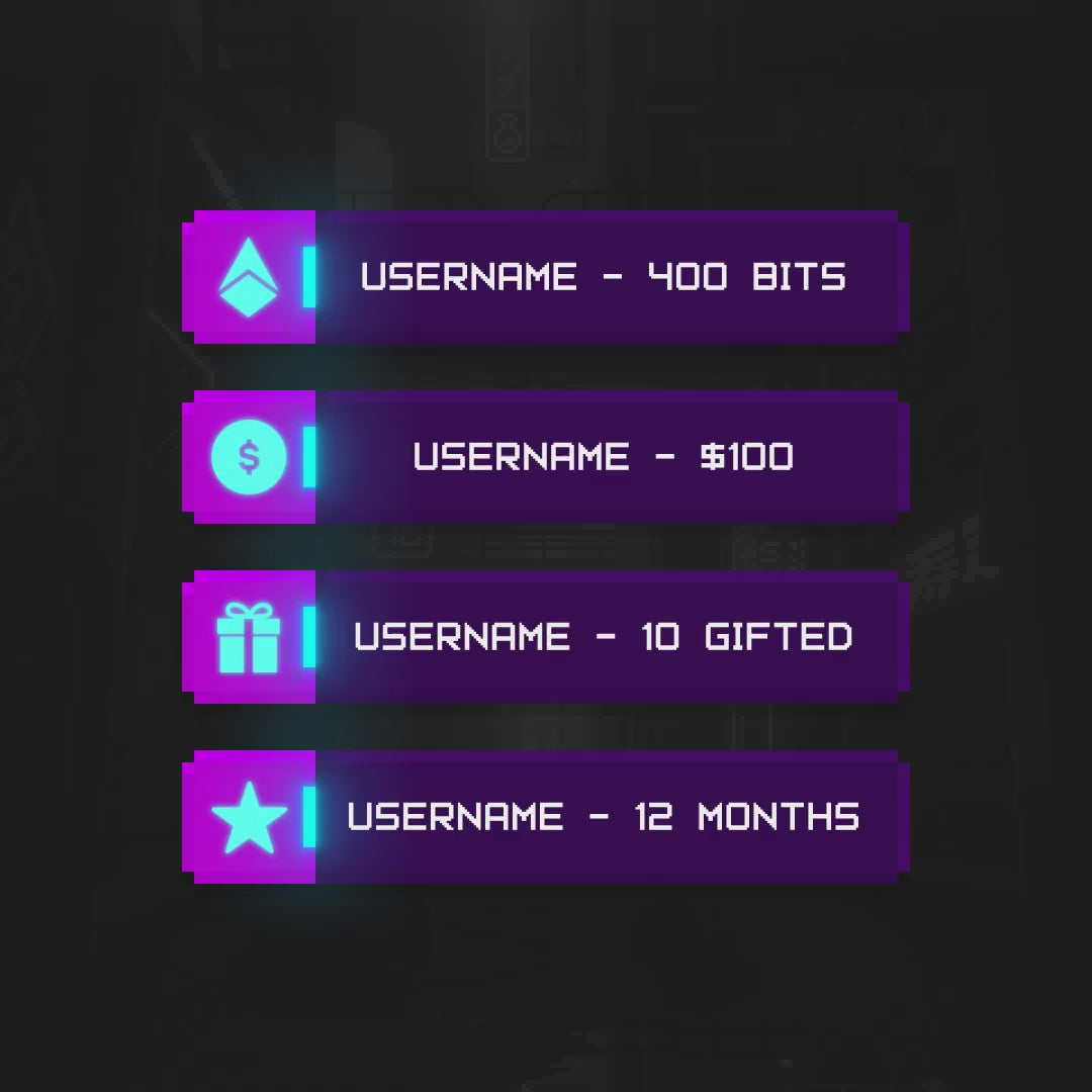 Neo Pixel Animated Stream Overlays. Purple and blue with user stats: Bits, Donations, Gifts, Subscriptions.