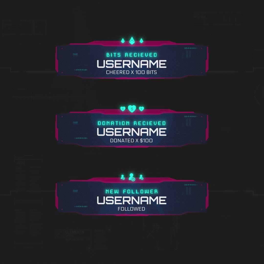 Cyberpunk animated stream alerts. Dark background with neon pink and teal text.