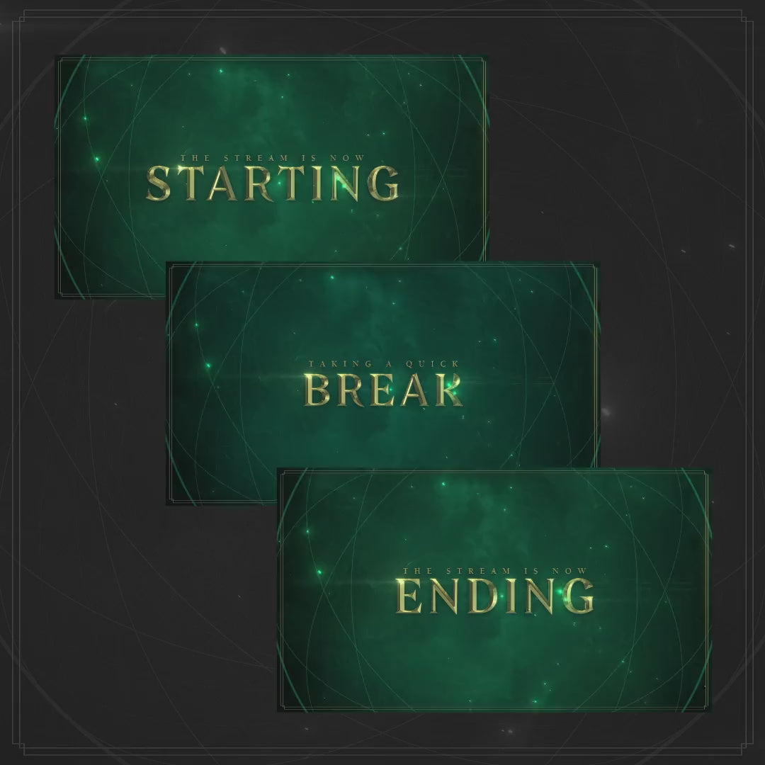Starting "Break" "Ending" 3D animated OBS scenes with a mystical green background and gold text.