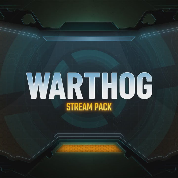 Warthog Stream Pack. Halo inspired stream overlays. Dark green and blue geometric background with white text.