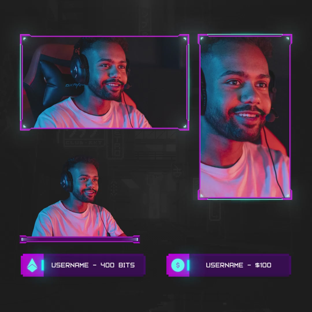 Neo Pixel Animated Stream Overlays. Colorful frames for webcam and alerts on a dark background.