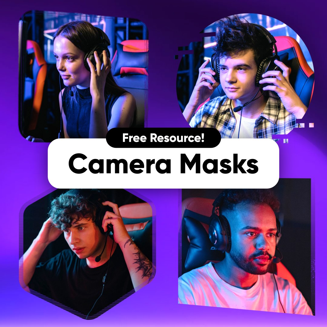 Free Camera Masks for streaming. Four gamers with unique mask shapes on a vibrant purple background.