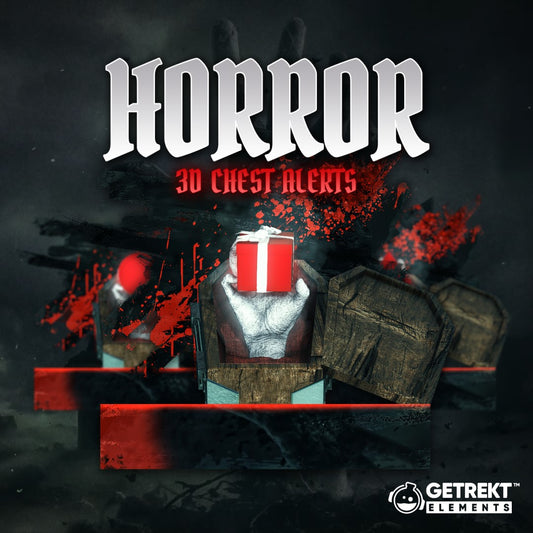 Horror 3D Animated Chest Alerts for Twitch. Spooky design with chests and red gifts.