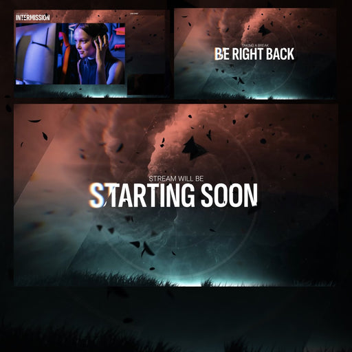 Shape Static Stream Overlays. Dramatic backgrounds with "Starting Soon" and "Be Right Back" text.