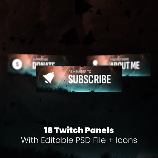 Shape Twitch Panels. Customizable background with icons. "Remember to Subscribe", "Donate", "About Me"