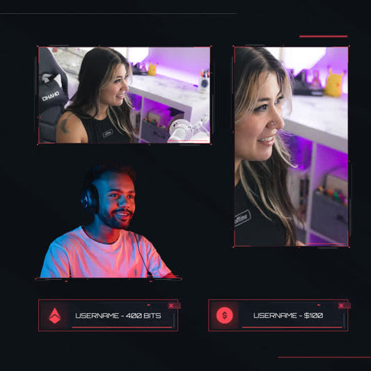 Valor Webcam Overlays. Dark theme with multiple cam boxes and event icons for Twitch.