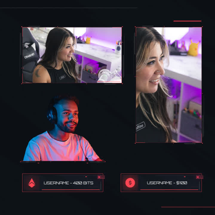 Valorant inspired static stream overlays with user frames and bit/donation displays.