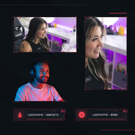Valorant inspired static stream overlays with user frames and bit/donation displays.