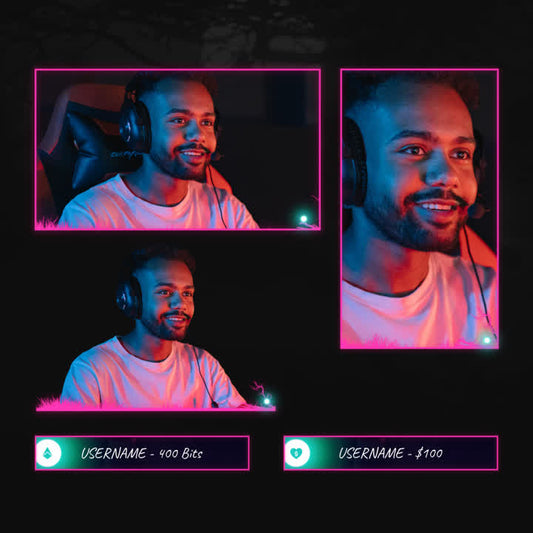 Night Forest Animated Webcam Overlays featuring customizable cam and event boxes with neon accents.