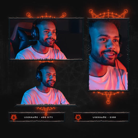 Hellfire Webcam Overlays. Dark background with orange accents and customizable cam boxes.