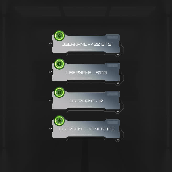 Apollo Static Stream Overlays. Grey with green accents. Includes usernames and donation amounts.