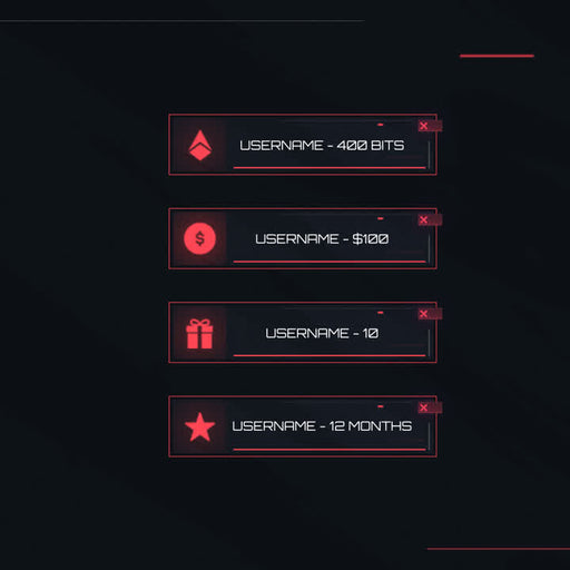 Valorant-inspired stream overlay widgets. Dark background with red accents and user info display.