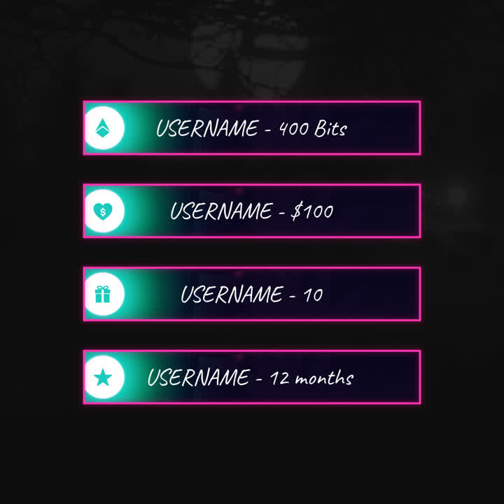 Night Forest Stream Overlays. Dark theme with colorful icons for Bits, donations, and subscriptions.