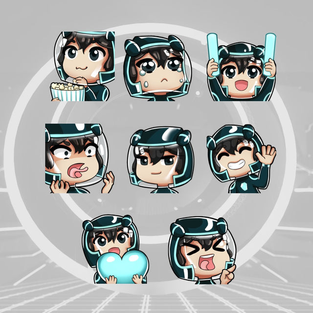 TRN Twitch Emotes featuring 8 unique animated designs. Fun characters in a circular layout.