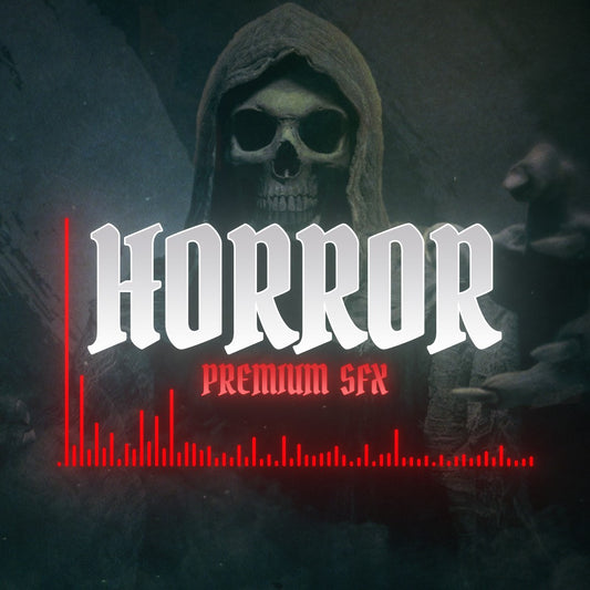 Horror Premium Sound Effects. Dark background with skull and red soundwave graphic.