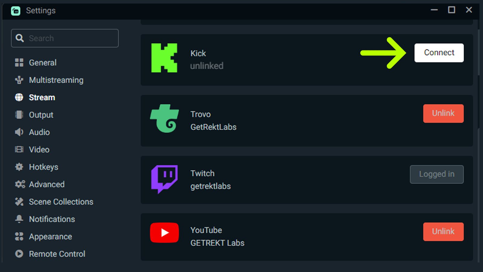 Connect Kick In Settings