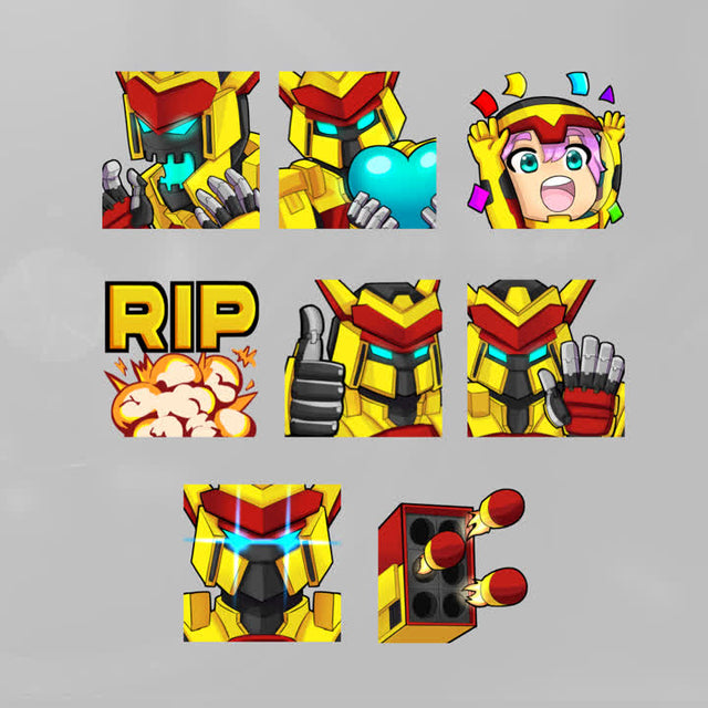 Mech Attack Twitch Emotes. 8 unique robot designs in yellow and red. Fun and engaging styles.