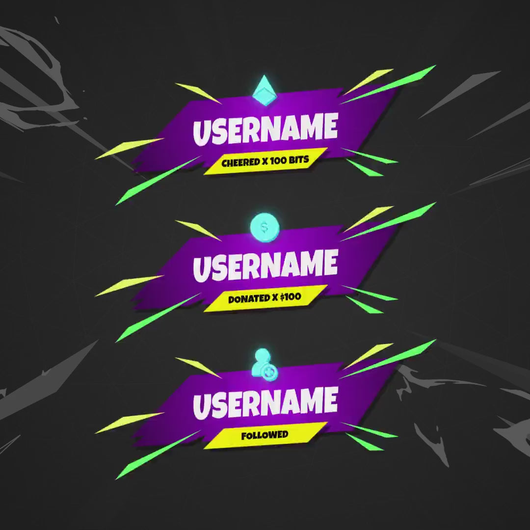 Royale Animated Stream Alerts. Colorful alerts for cheers, donations, and follows on a black background.