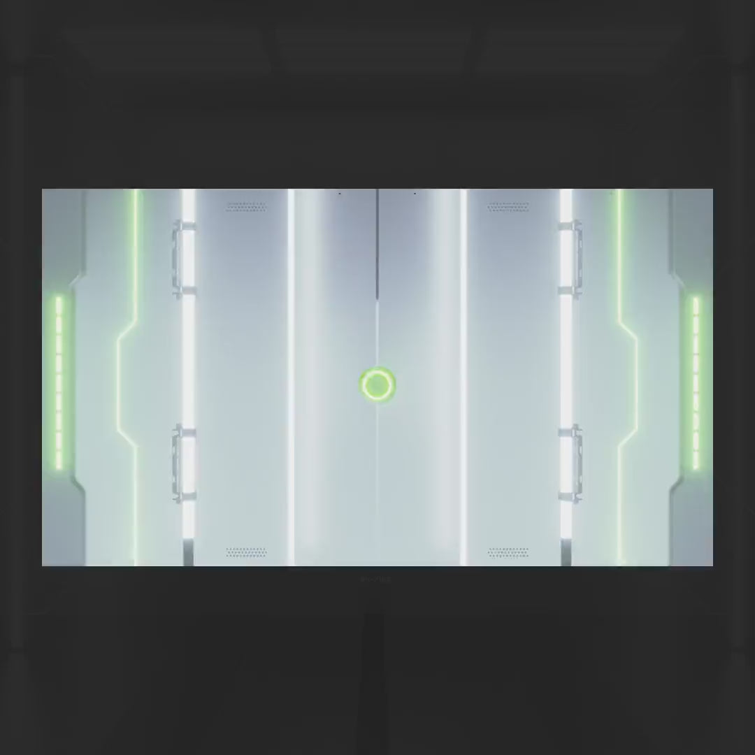 3D Animated Stinger Transition. Futuristic design with green accents on a light background.