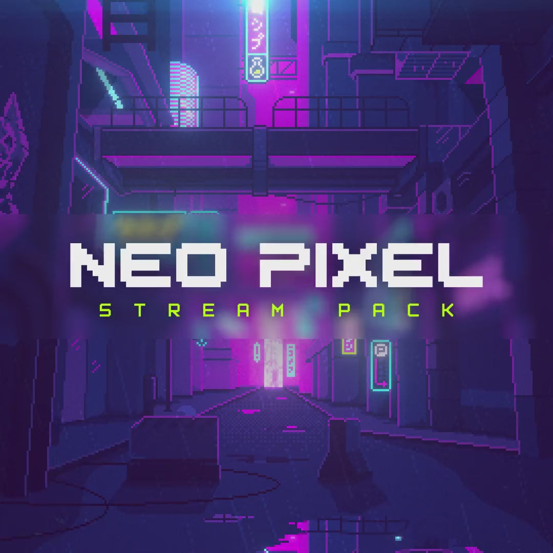 Neo Pixel Stream Pack. Vibrant pixel art design with neon lights. Ideal for dynamic streaming.