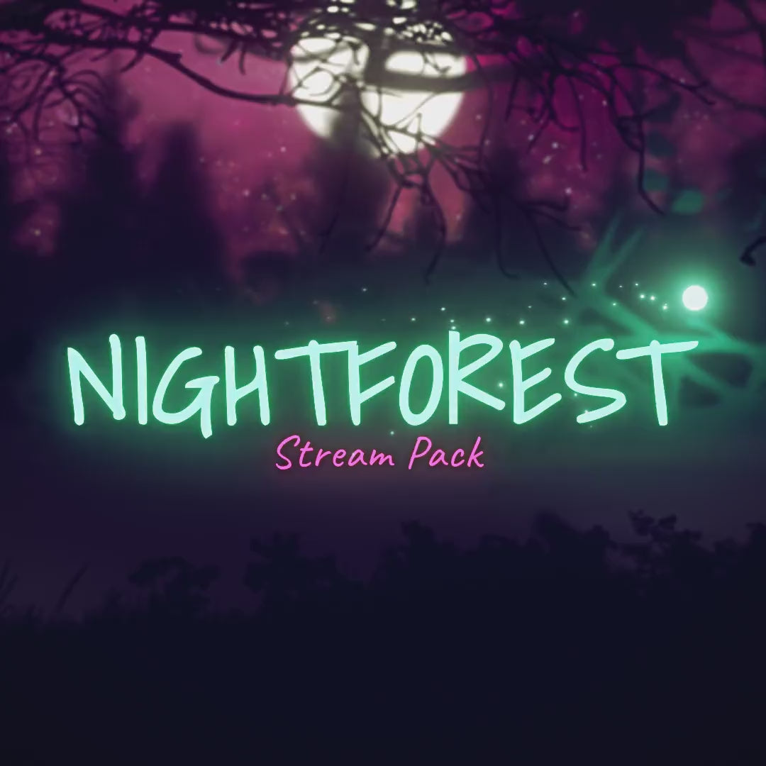 Night Forest Stream Pack. Animated overlays with moonlit forest background in dark purple and green.