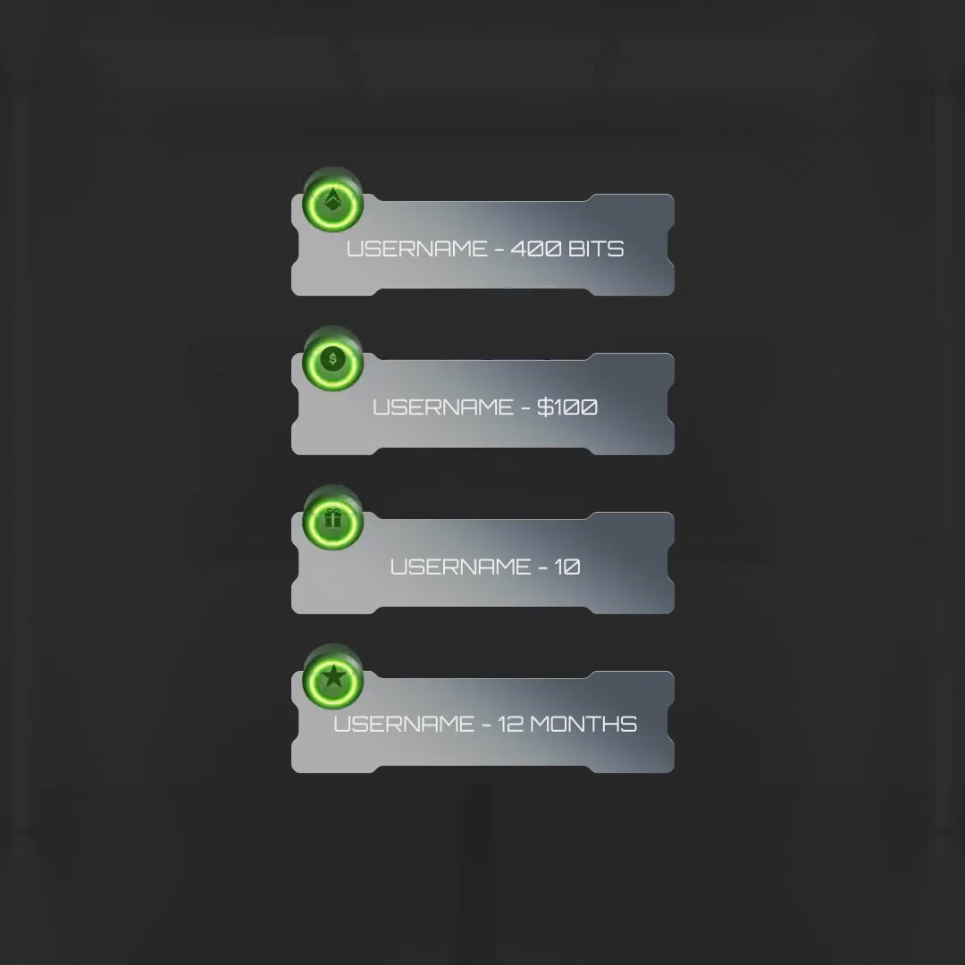 Animated Webcam Overlays for Twitch. Customizable cam boxes with green accents on a dark background.