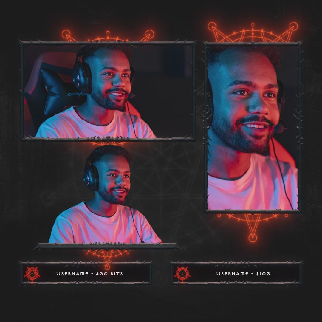 Hellfire Animated Webcam Overlays. Dark background with red accents and multiple cam box layouts.