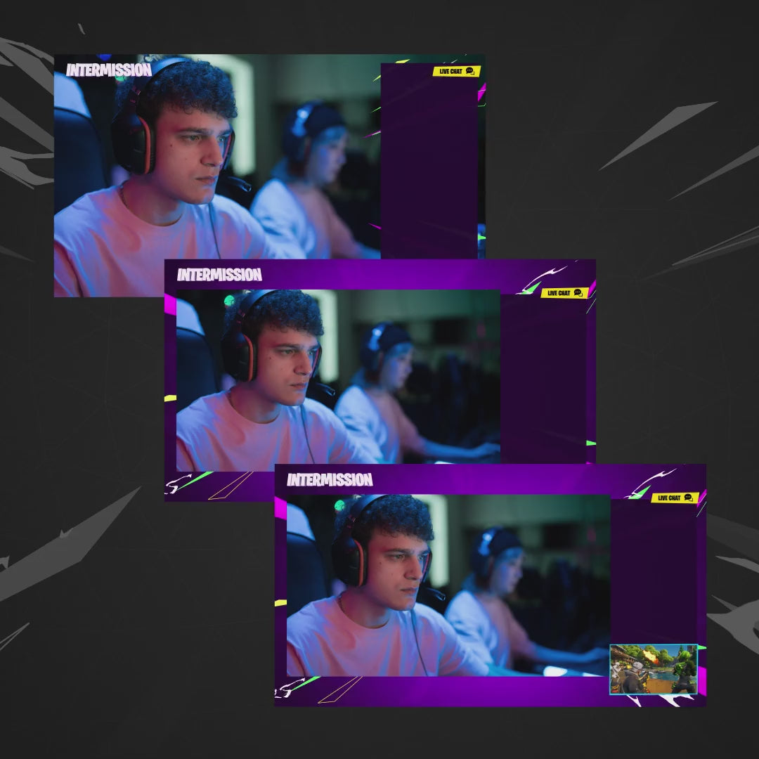 Royale Animated Stream Overlays Package. Fortnite inspired with vibrant purple accents.