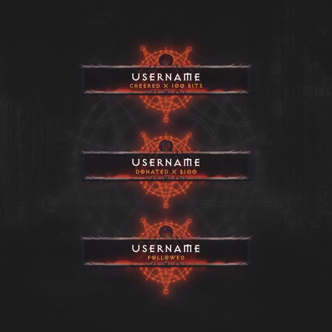 Hellfire Animated Stream Alerts. Dark background with fiery orange text and symbols.