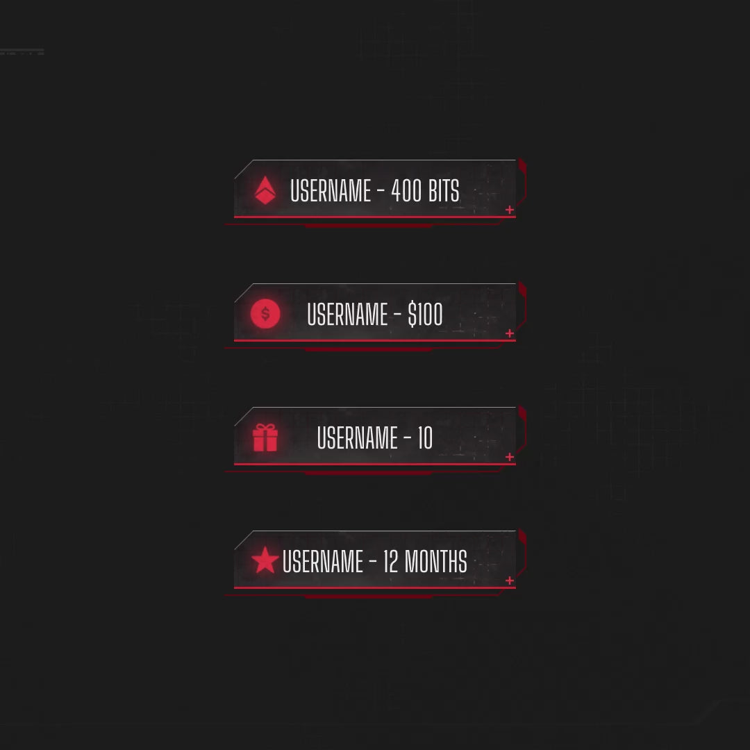 Outlands Animated Webcam Overlays. Red and black boxes with user details for Twitch streams.