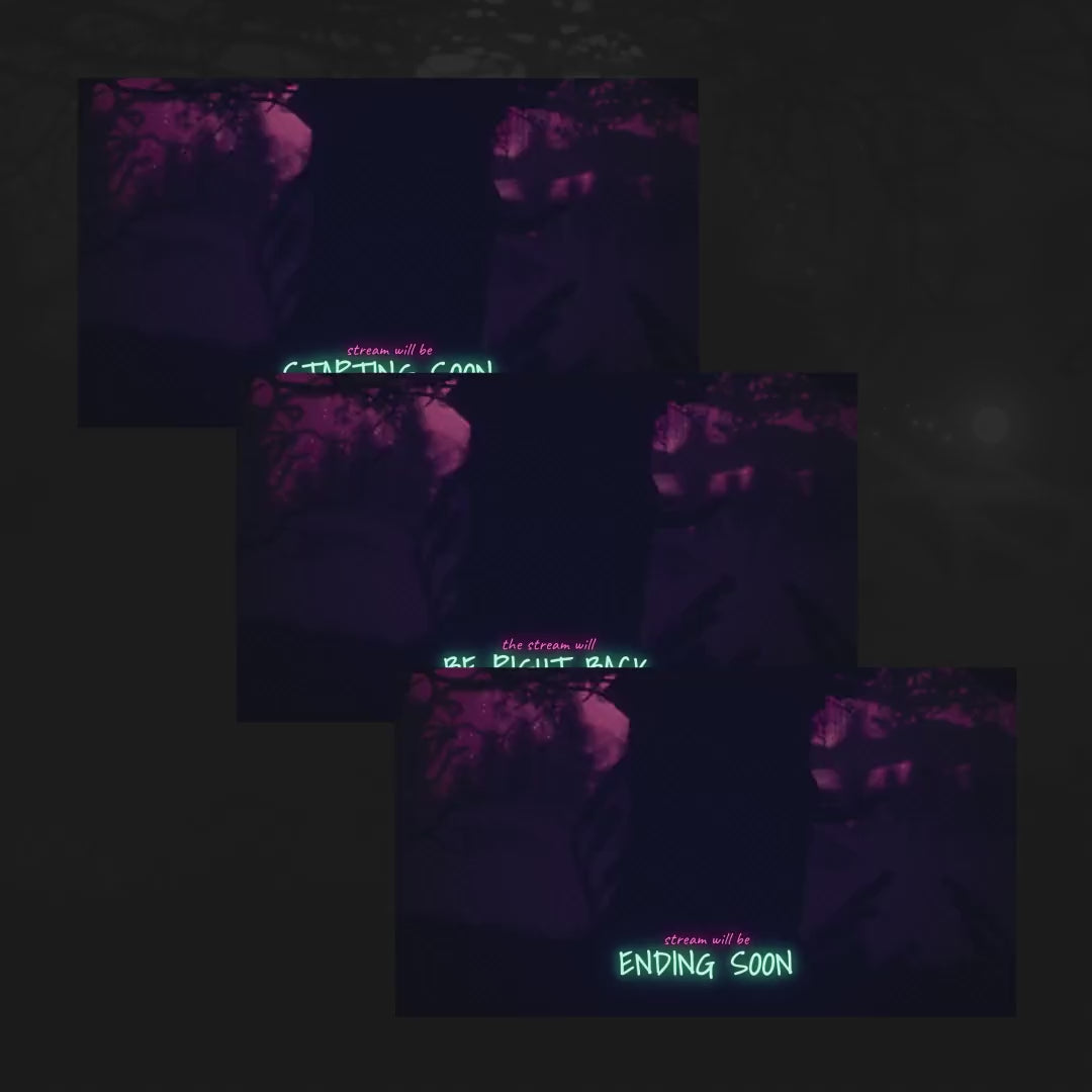 Night Forest Animated Stream Overlays. Dark background with vibrant text: "Starting Soon," "Be Right Back," "Ending Soon."