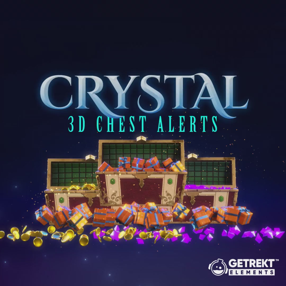 Crystal 3D Chest Alerts. Inspired stream overlays with treasure chests and colorful gems.