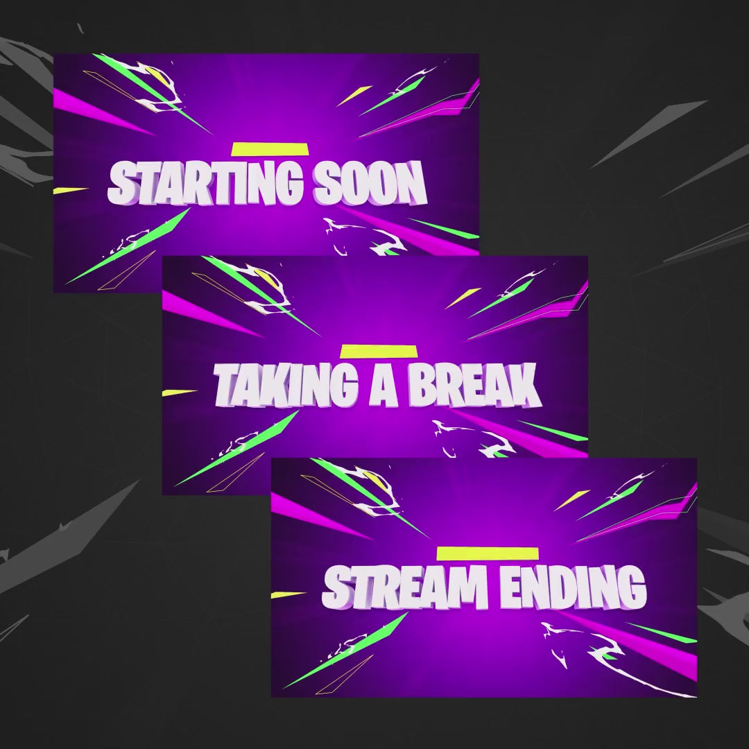 Royale Animated Stream Overlays. Purple background with colorful motion effects. "Starting Soon," "Taking a Break," "Stream Ending."