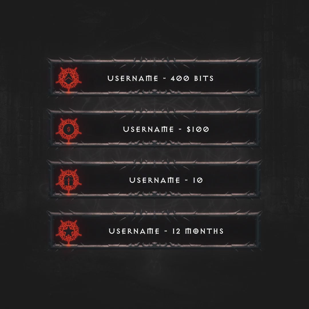 Hellfire Webcam Overlays. Dark background with red decorative accents and customizable text boxes.