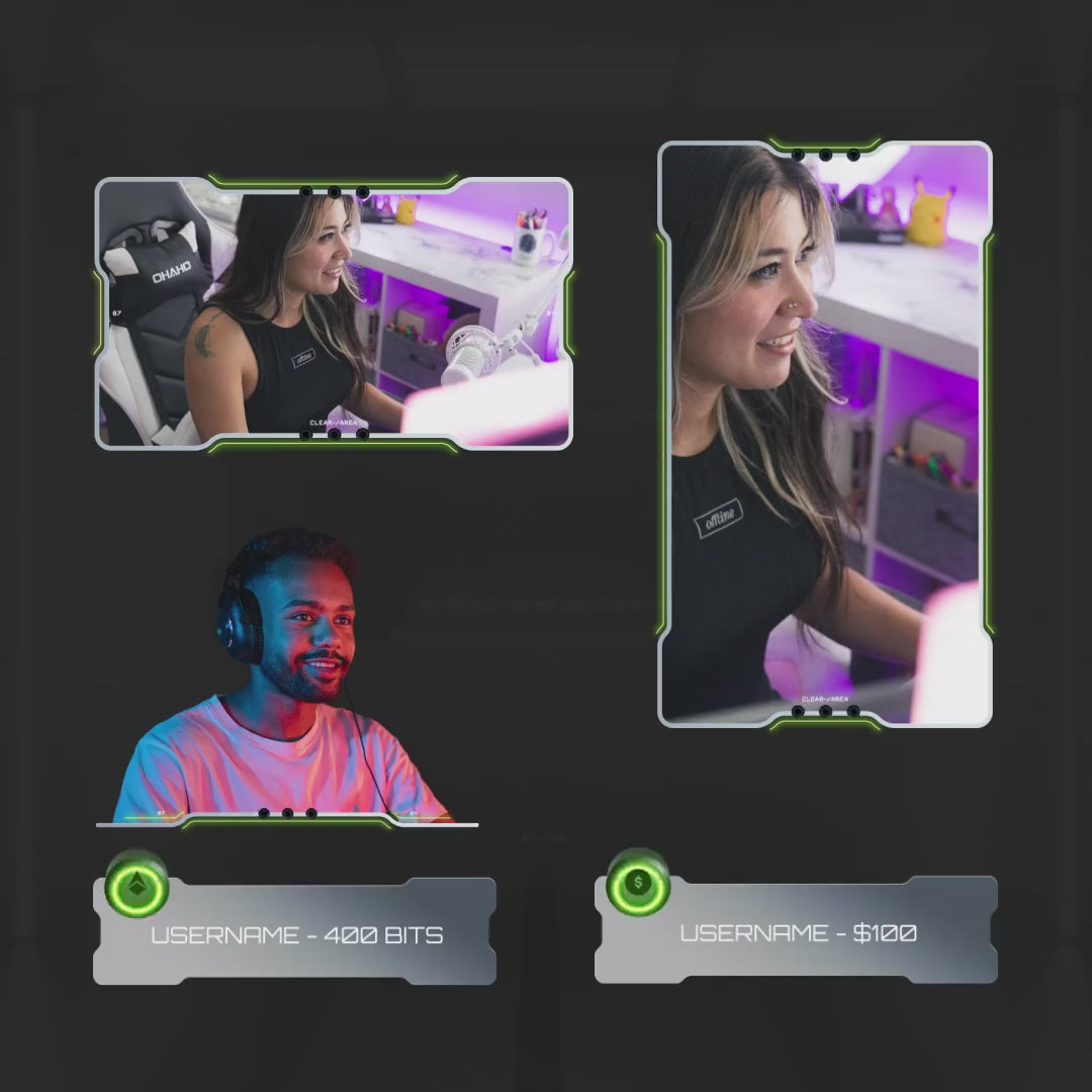 Apollo Animated Webcam Overlays. Two cam boxes with green highlights, customizable event displays.