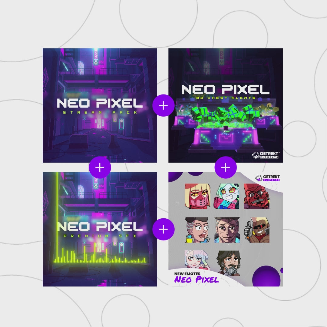 Neo Pixel Ultimate Stream Overlays Bundle. Colorful neon design with various stream assets.