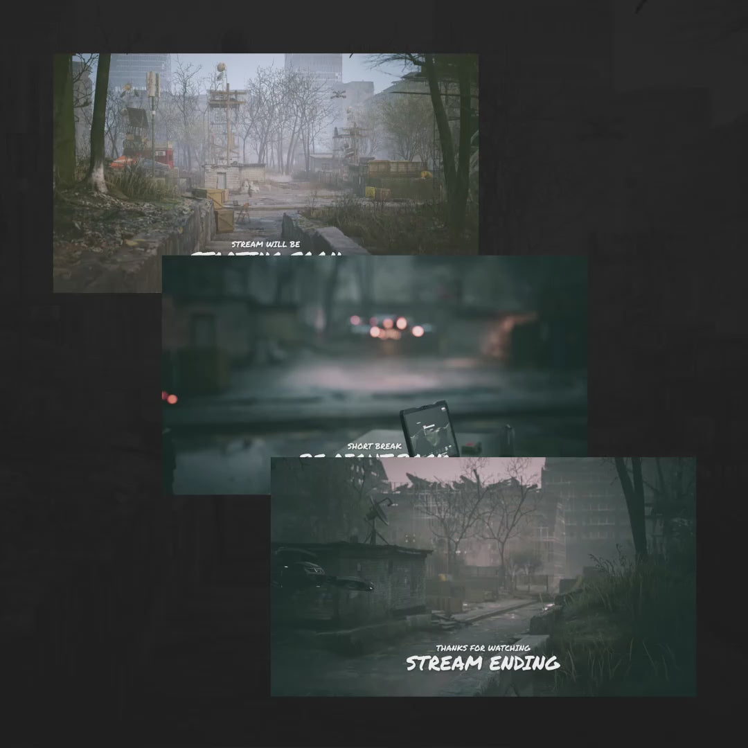 Extraction Unreal Stream Overlays. Three scenes with foggy backgrounds and text: "Stream will be," "BRB," "Stream ending."