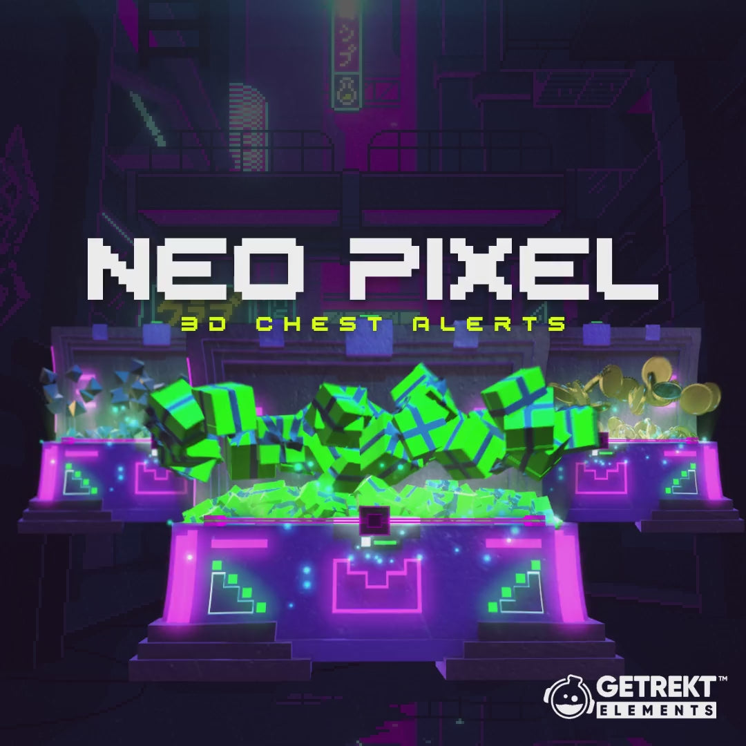 Neo Pixel Stream Overlays Bundle. Colorful 3D chest alerts on a futuristic background.