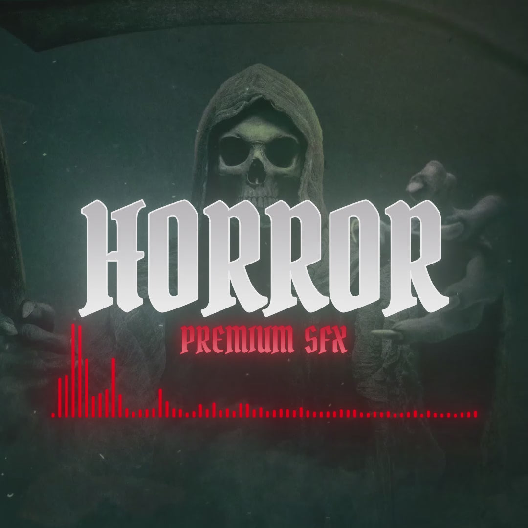 Horror Premium Sound Effects for streaming. Dark background with skulls and red soundwave graphic.