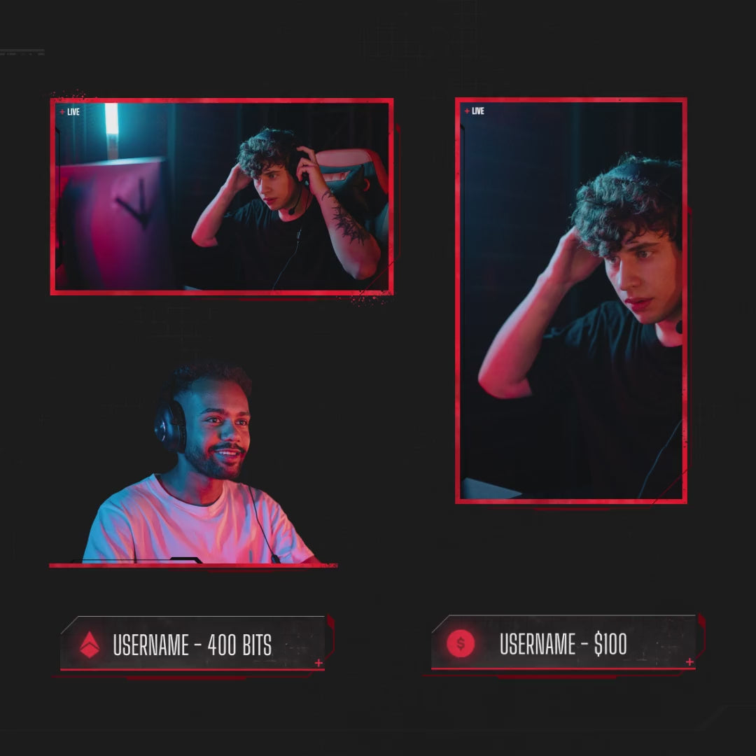 Animated webcam overlays for streaming. Red accents on dark background with two cam boxes.