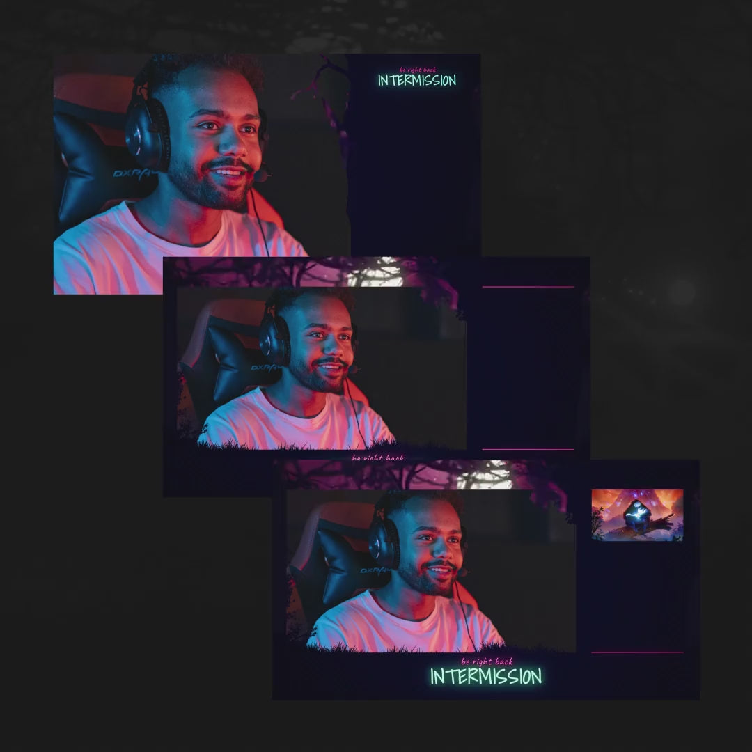 Night Forest Animated Stream Overlays. Dark forest theme with vibrant neon text. "Intermission" displayed.