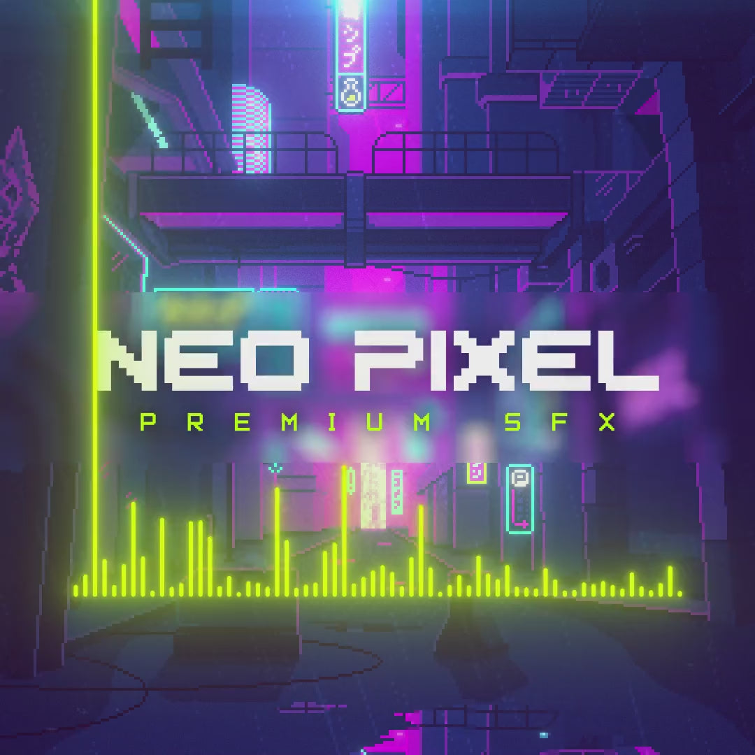 Neo Pixel Premium SFX. Vibrant stream overlays with neon colors and cityscape background.