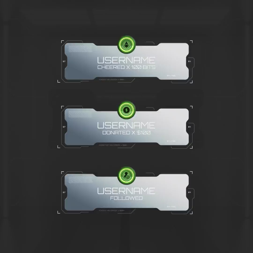 3D Animated Stream Overlays. Silver panels with green accents. Notifications for bits, donations, and follows.