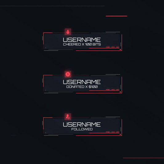 Valor Animated Stream Alerts. Dark background with red accents. Dynamic alerts for follows and donations.