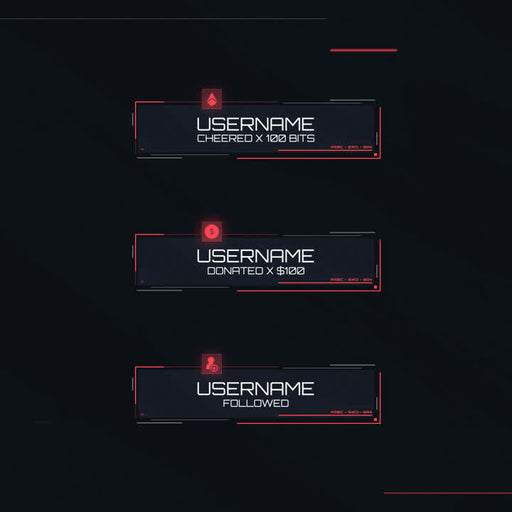 Valorant static stream overlays. Dark background with red accents. Notifications for cheers, donations, and follows.